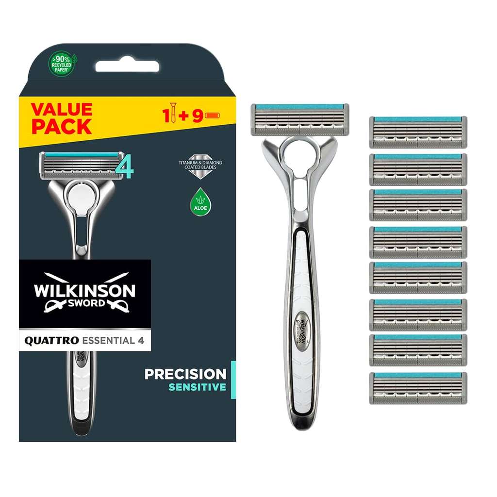 WILKINSON SWORD - Quattro Titanium For Men | Sensitive Comfort | Razor Handle + 9 Blade Refills - £9.98 S&S