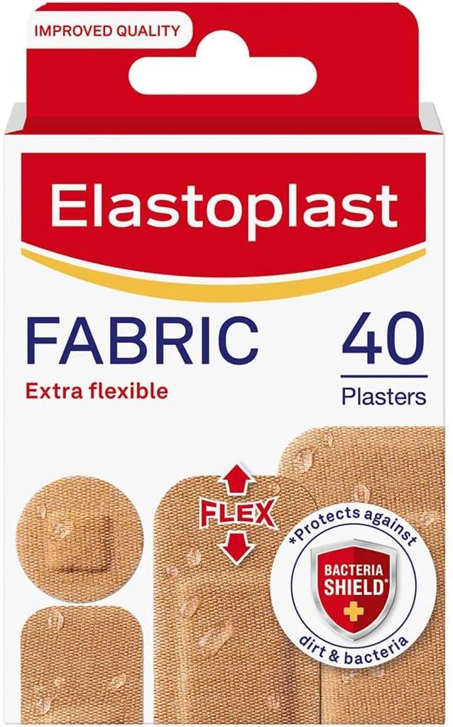 Elastoplast Extra Flexible Fabric Plaster Strips (40 Pieces), Extra Flexible Fabric Plasters, Breathable Plasters, Flexible Large Plasters
