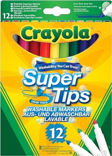 CRAYOLA SuperTips Washable Markers - Assorted Colours (Pack of 12) Premium Felt Tip Pens That Can Easily Wash Off Skin & Clothing
