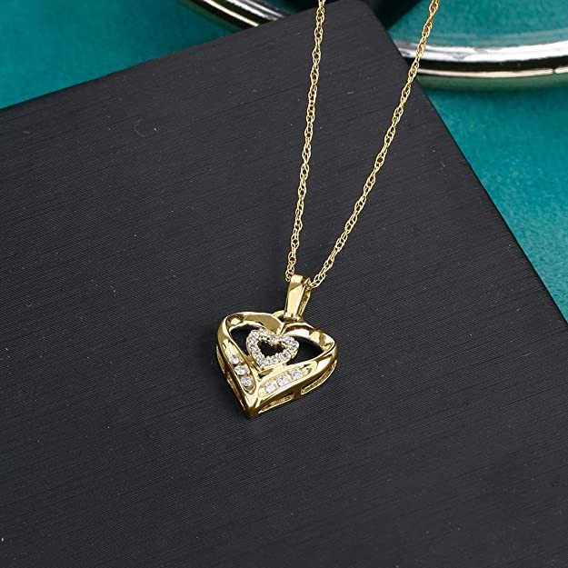 10K Gold Diamond Double Heart Pendant Necklace for Women (1/10 ct), in 10K Yellow, Rose or White Gold