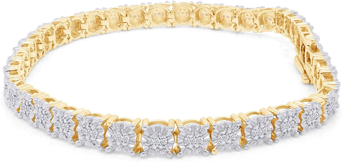 AFFY 1/4 Carat Round White Natural Diamond Tennis Bracelet, 14k Yellow Gold Sterling Silver (0.25 ct. tw.), Length - 7.25"