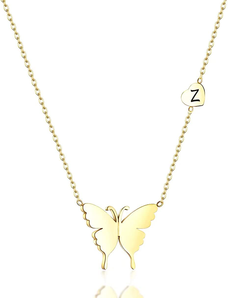 Dainty Butterfly Initial Necklace 18K Gold Plated Pendant Name Everyday Necklace for Women Teen Girls Kids Minimalist Personalized Jewelry