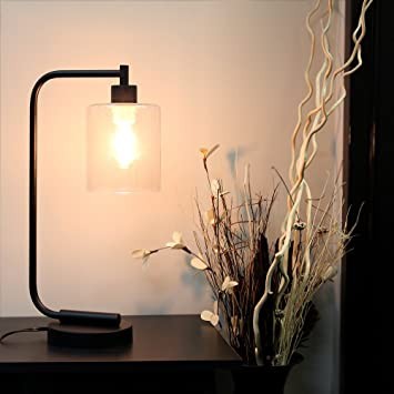 Simple Designs LD1036-BLK Black Bronze Vintage Style Industrial Iron Lamp Glass Shade Table Lamp