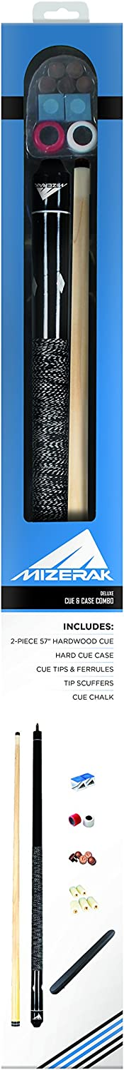 Mizerak Hardwood Two-Piece 57" Cue & Case Billiards Combo Includes Cue Tips, Ferrules, Tip Scuffers, and Billiard Chalk