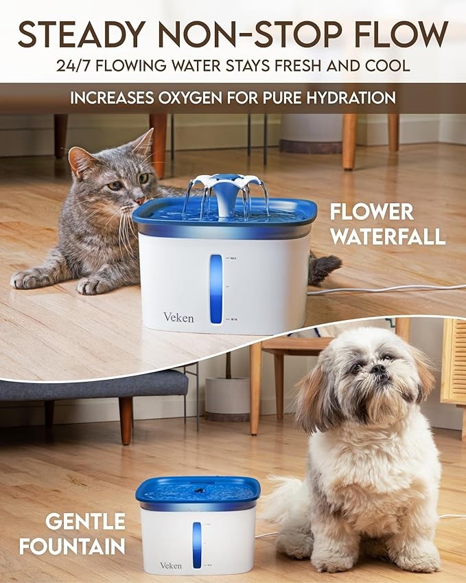 Veken 95oz/2.8L Pet Fountain, Automatic Cat Water Fountain Dog Water Dispenser with Replacement Filters for Cats, Dogs, Multiple Pets (Blue, Plastic)
