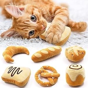 Bread Catnip Toys Kitten Interactive Toys for Cat Lover Gifts Kitty Chew Bite Kick Toys Supplies Baguette Croissant Pretzel Toast Bun Cinnamon Roll Plush Catmint Pet Christmas Presents Set of 6