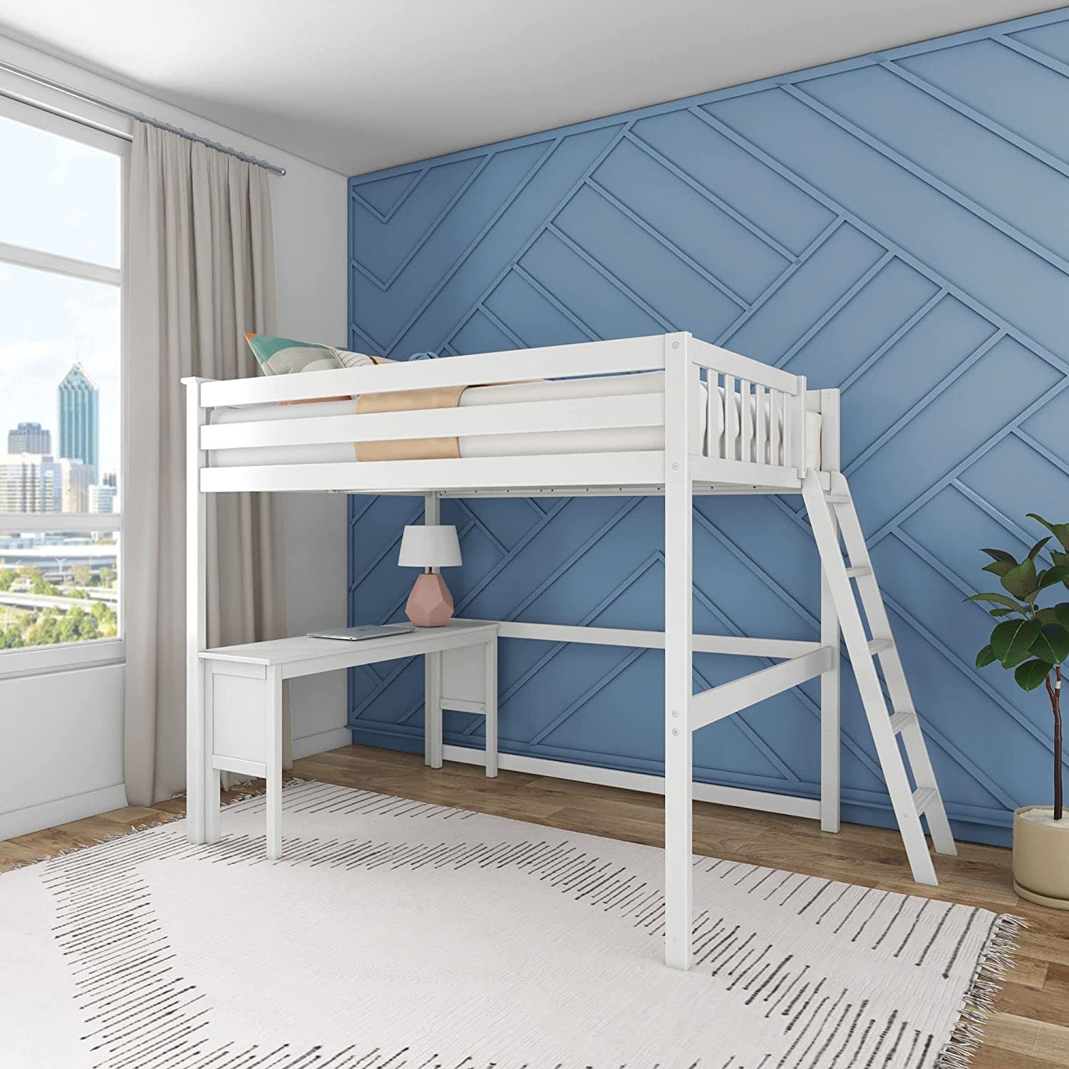 Max & Lily High Loft Bed, Full Bed Frame for Kids with Ladder on End and Desk